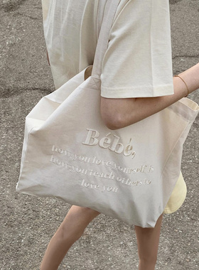 Monote现货韩国正品noirnine刺绣印花字母休闲百搭纯棉帆布包袋