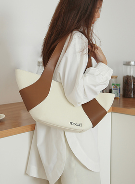 Monote正品小众ins拼接牛皮托特包百搭经典通勤气质帆布包袋