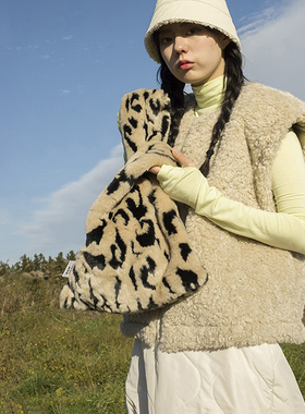 Monote韩国正品funfromfun原创设计ins风冬日毛绒温暖豹纹手提包