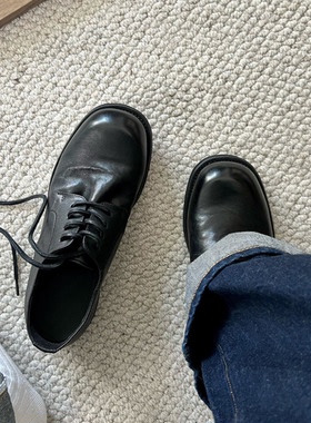 黑色德比鞋男厚底增高水洗牛皮固特异皮鞋真皮圆头商务通勤休闲鞋