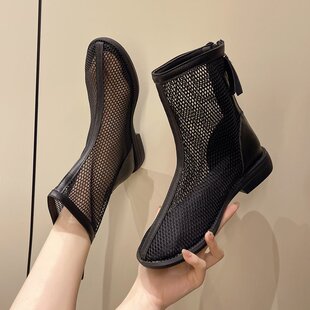 高筒网靴女夏季 镂空靴子黑色长筒靴春秋单靴网纱凉靴夏天长靴 薄款