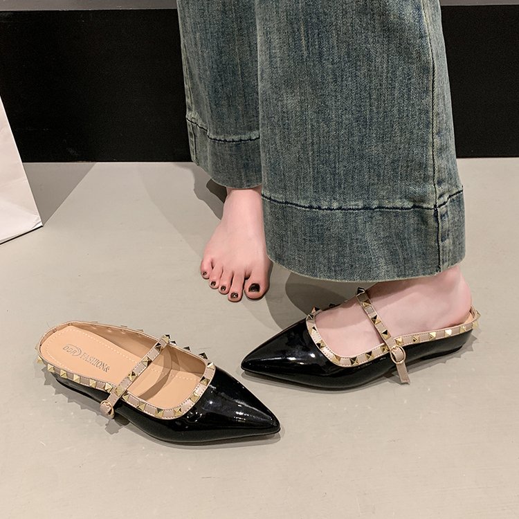 设计感小众铆钉一字带玛丽珍半拖鞋包头凉拖女鞋夏季内增高单鞋女