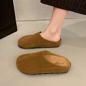 防滑休闲包头半拖鞋 新款 女2025秋季 复古磨砂面懒人一脚蹬勃肯拖鞋