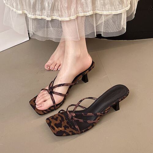 豹纹高跟一字拖鞋女夏季外穿