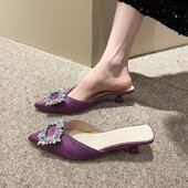 法式 细跟水钻尖头穆勒鞋 高级感凉拖 女夏外穿紫色高跟鞋 包头半拖鞋