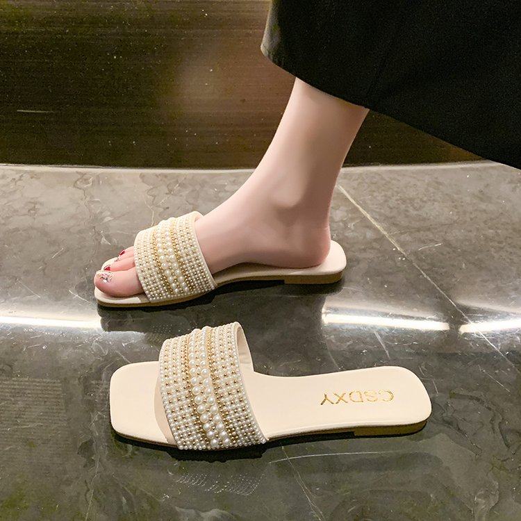 小香风水钻珍珠凉拖鞋女夏外穿2025新款温柔气质配裙子平底一字拖,女鞋,一字拖,淘宝优惠券,粉丝福利购,淘宝优惠卷