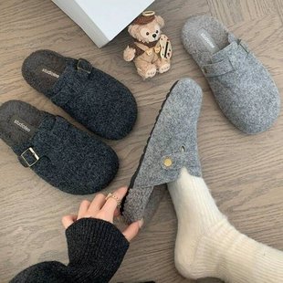 厚底毛毛拖鞋女外穿加绒勃肯鞋2025新款冬季保暖包头半拖穆勒棉拖
