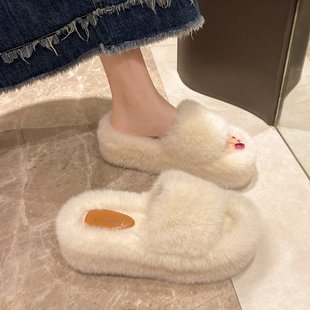 厚底一字毛毛拖鞋女外穿增高秋冬季2025新款加绒防滑保暖棉拖鞋子
