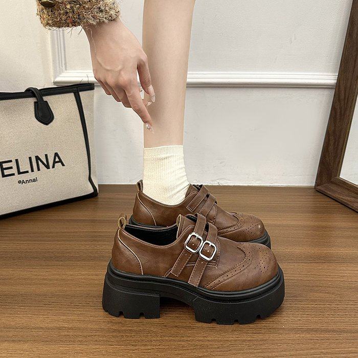 2026春季新款厚底增高皮带扣超火乐福鞋女棕色英伦风复古小皮鞋子,女鞋,深口单鞋,淘宝优惠券,粉丝福利购,淘宝优惠卷