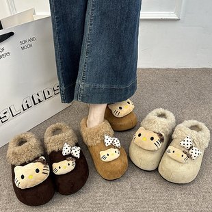 可爱厚底内增高勃肯鞋加绒包头半拖鞋女外穿2025新款秋冬毛毛棉拖