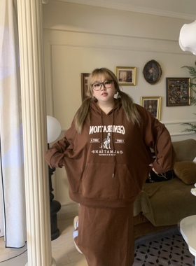 早秋美拉德 大码胖mm220斤休闲卫衣 撞色直筒裙宽松显瘦套装