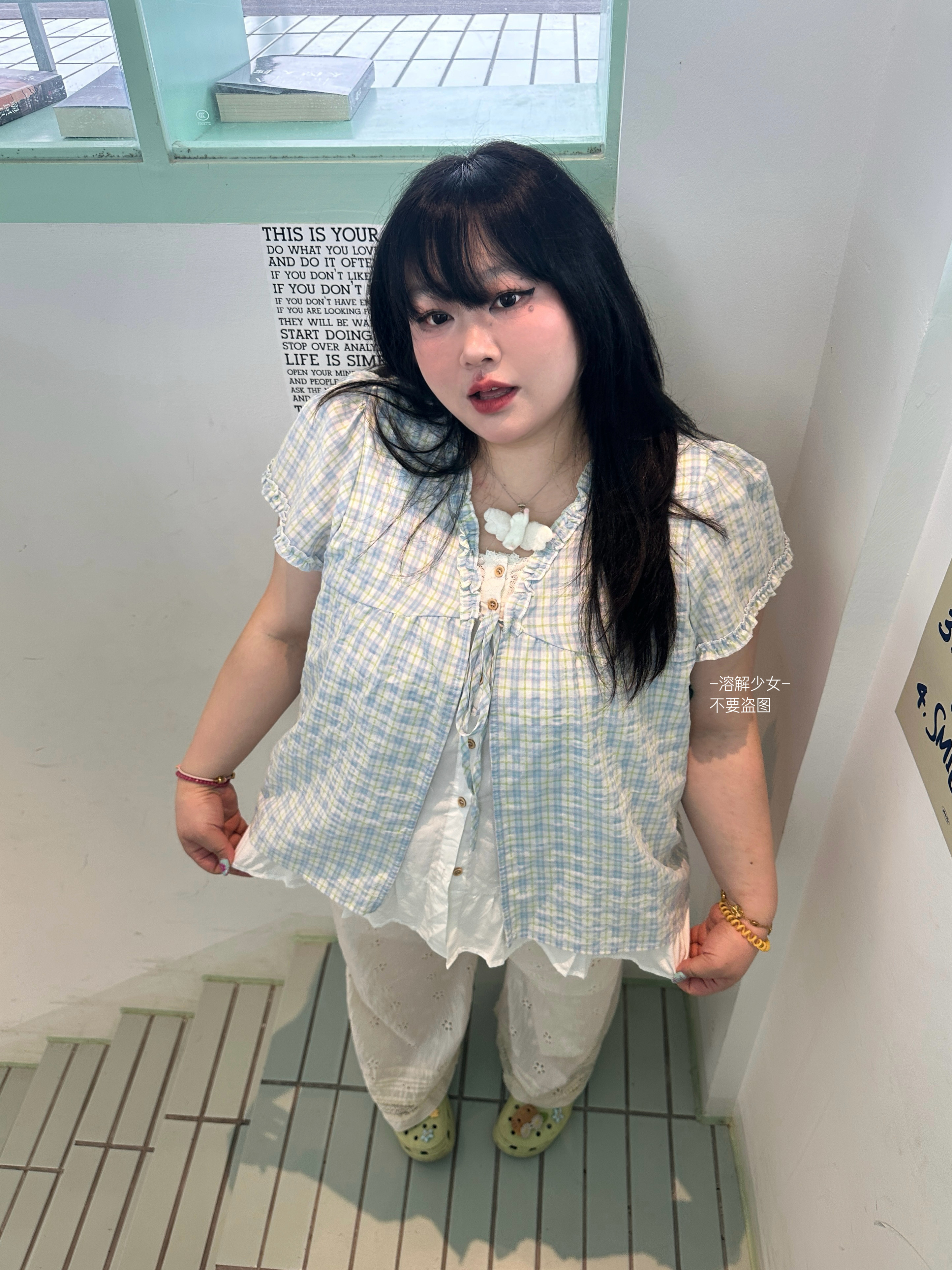 大码日杂甜美风 230斤遮肚子显瘦法式假两件拼接格子宽松上衣