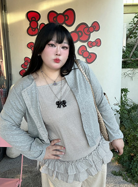 大码220斤秋复古日系奈奈风蛋糕裙摆系带宽松格子吊带外搭两件套