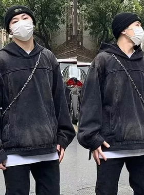 宽松水洗潮男女卫衣夹克衫外套帅气宽松外套牛仔复古连帽高街连帽