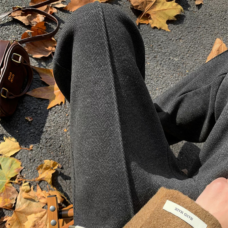 大码胖mm人字纹毛呢阔腿裤女秋冬