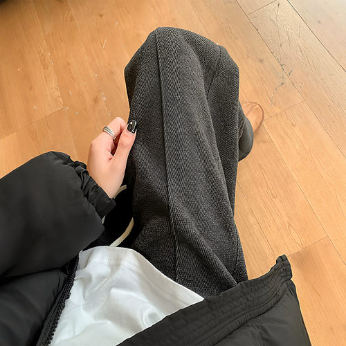 大码胖mm人字纹毛呢阔腿裤女加绒