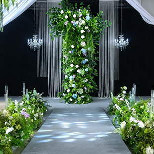 婚礼森系白绿色仿真花花艺布置舞台T台路引花排背景装饰绿植花卉