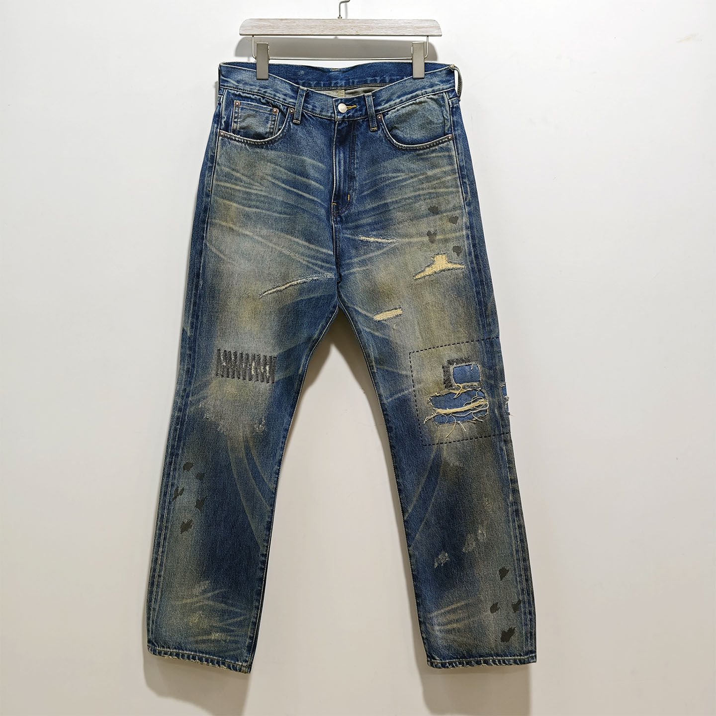 C3潮流 手缝补丁破坏泼墨 水洗牛仔裤  赤耳丹宁宽松直筒NBHD男装