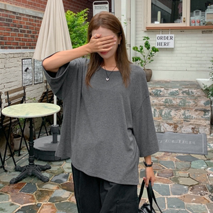 韩国代购特大码女装胖mm秋装新品简约纯色圆领宽松短袖休闲T恤916