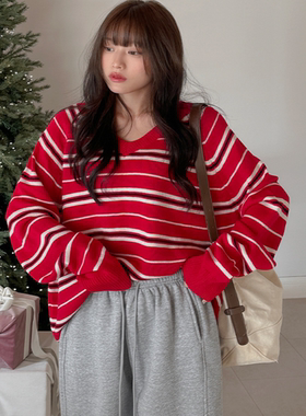 韩国代购大码女装胖mm冬装新品靓丽条纹V领宽松舒适针织毛衣1222