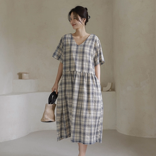 时尚 胖mm夏装 新品 靓丽连衣裙608 格纹V领甜美短袖 大码 韩国代购 女装