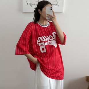 韩国代购大码女装胖mm夏装新品时尚字母图案竖条纹短袖休闲T恤607