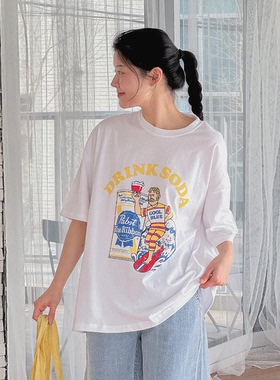 韩国特大码女装胖mm夏装新品时尚卡通人物字母图案宽松短袖T恤422