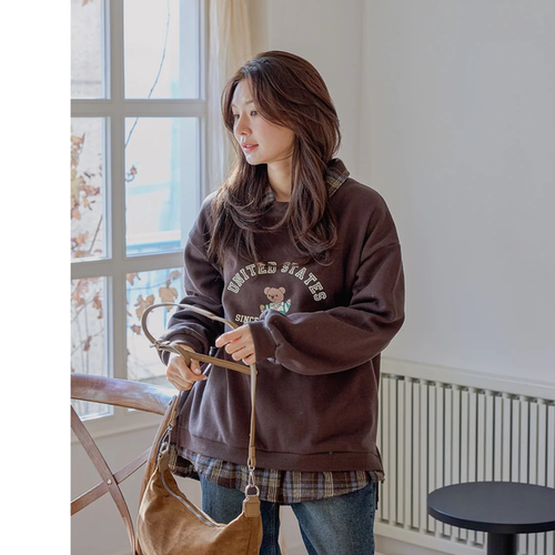 韩国特大码女装胖mm冬装新品时尚拼接格纹假两件薄绒休闲卫衣1225