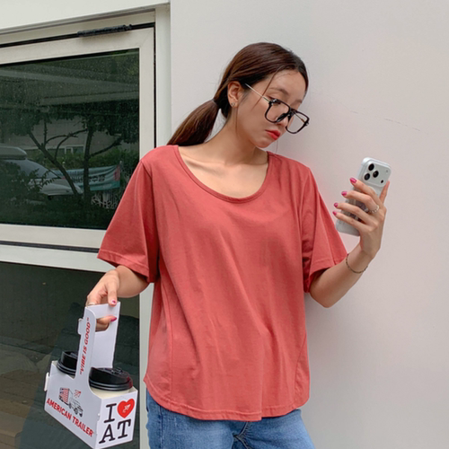 韩国代购特大码女装胖mm秋装新品时尚纯色圆领宽松短袖休闲T恤820