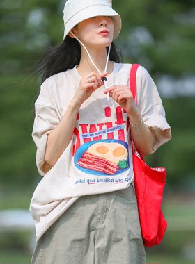 韩国特大码女装胖mm夏装新品时尚卡通食物字母图案宽松短袖T恤727