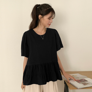 女装 新品 韩国特大码 胖mm夏装 723 靓丽纯色后系带甜美套头短袖 小衫