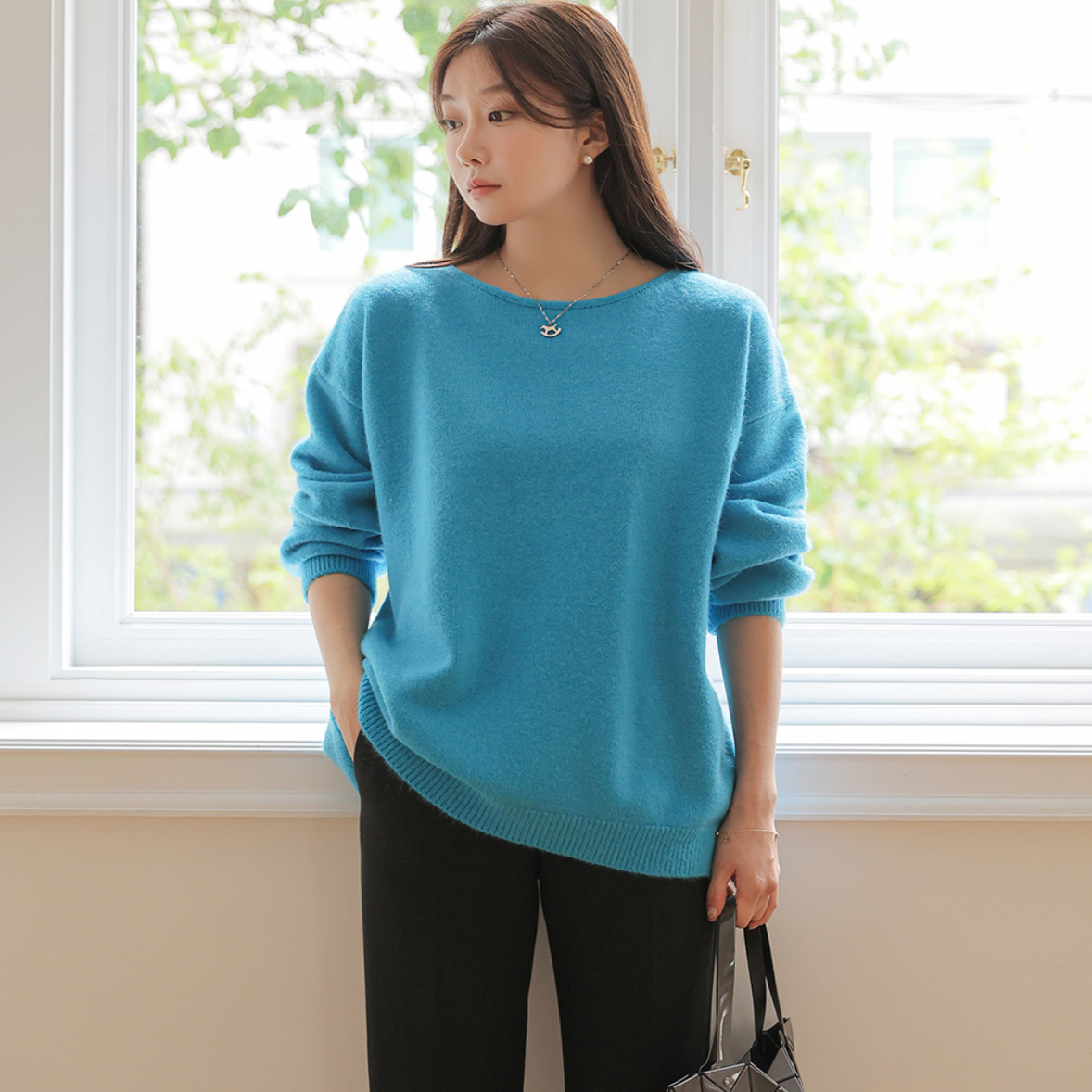 韩国特大码女装胖mm秋装新品靓丽纯色圆领宽松舒适长袖针织衫1030