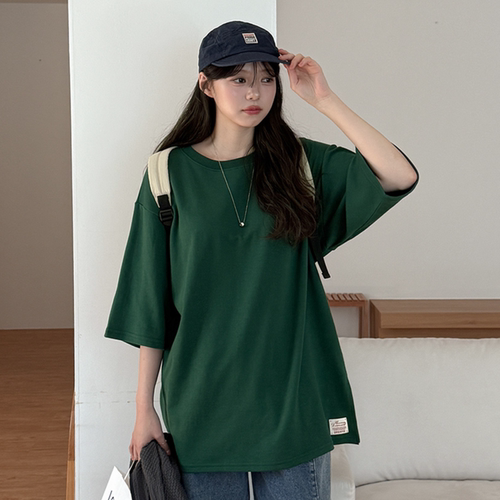 韩国大码女装胖mm春装新品时尚字母贴标圆领宽松短袖休闲T恤0320
