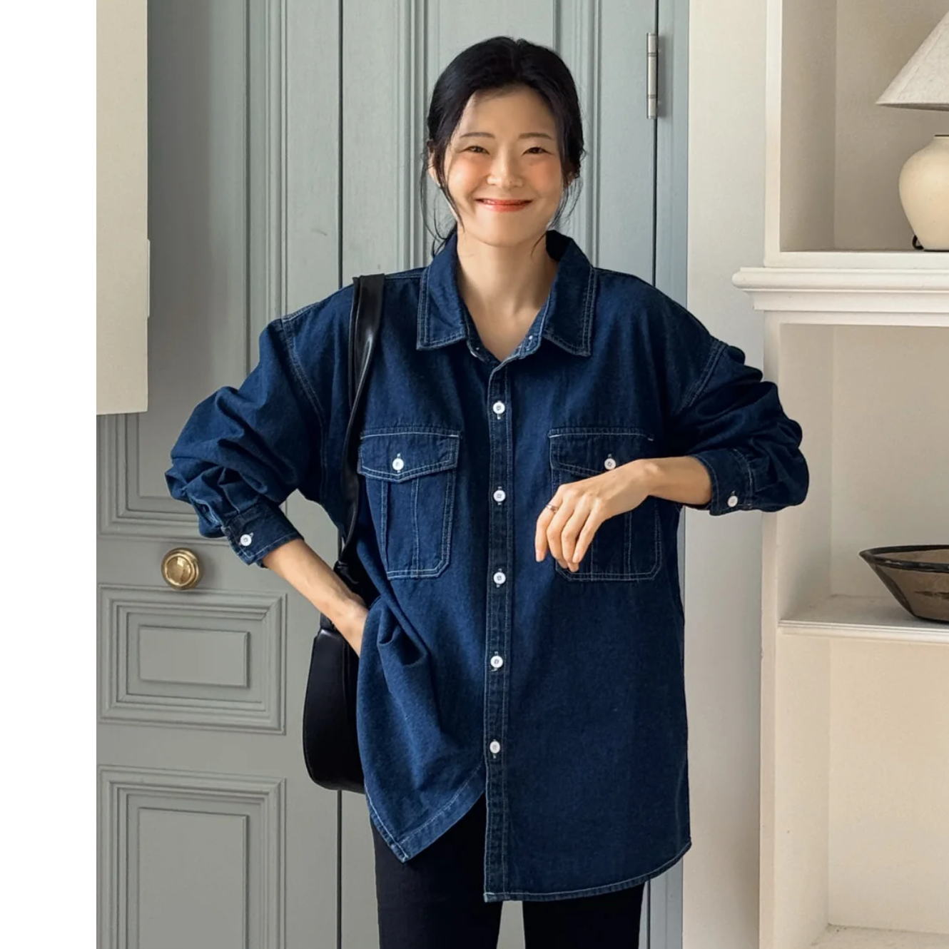 韩国特大码女装胖mm秋装新品时尚纯色双口袋宽松长袖牛仔衬衫103