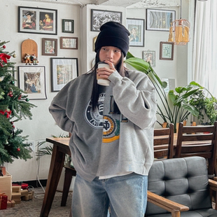 大码 个性 女装 新品 双拼图案圆领薄绒休闲卫衣1223 胖mm冬装 韩国代购