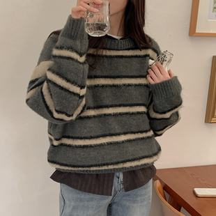 大码 时尚 女装 新品 条纹圆领宽松舒适针织毛衣1219 胖mm冬装 韩国代购