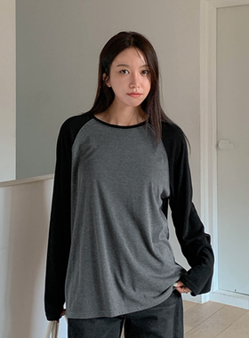 韩国代购大码女装胖mm秋装新品时尚拼色长袖圆领宽松休闲T恤1015