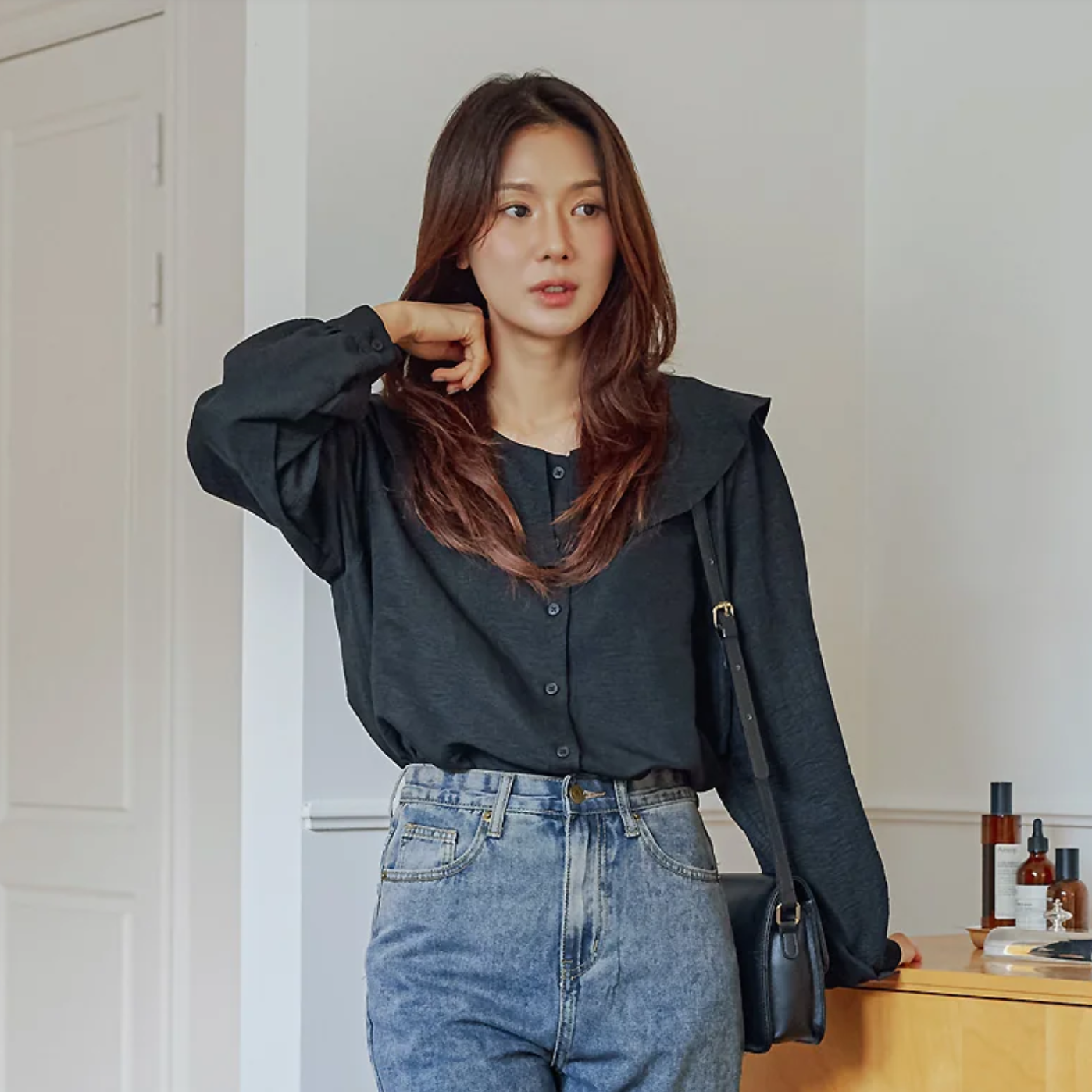 韩国代购大码女装胖mm秋装新品甜美纯色荷叶边领时尚长袖衬衫103