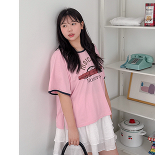 时尚 韩国特大码 新品 女装 卡通汽车徽标图案拼色边T恤727 胖mm夏装