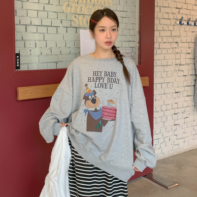 韩国大码女装胖mm春装新品可爱卡通图案圆领宽松长袖休闲卫衣407