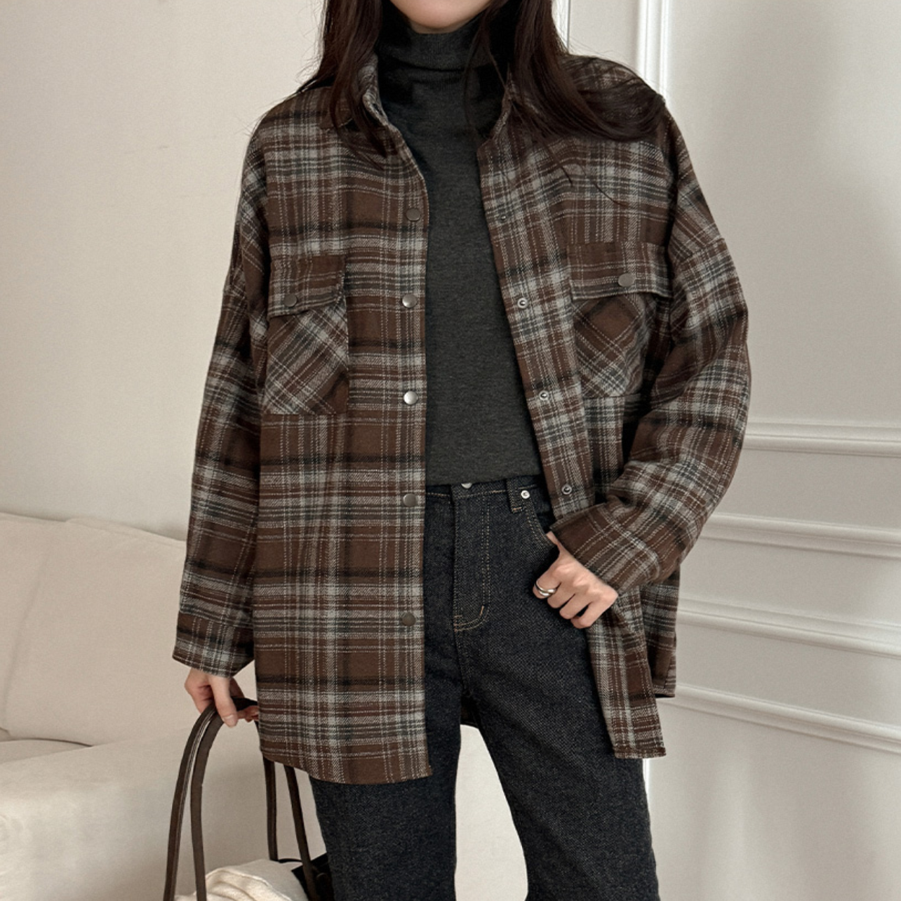 韩国特大码女装胖mm秋装新品时尚格纹双口袋宽松长袖休闲衬衫1029