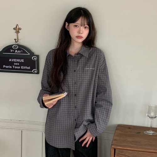 韩国特大码女装胖mm秋装新品时尚小格纹翻领宽松长袖休闲衬衫906