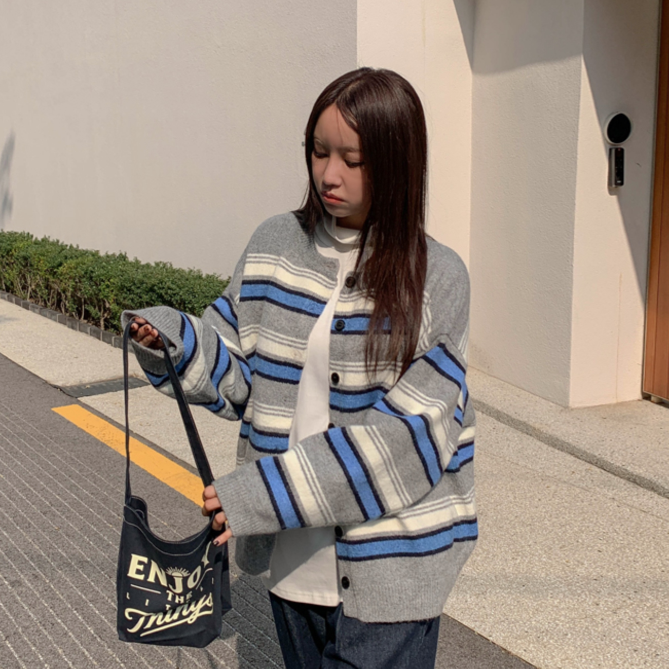 韩国代购大码女装胖mm秋装新品时尚条纹圆领宽松长袖针织开衫1015