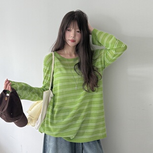 韩国代购特大码女装胖mm夏装新品靓丽条纹甜美舒适长袖针织T恤707