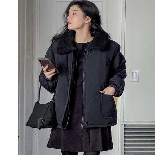 韩国特大码女装胖mm冬装新品时尚纯色羊羔绒翻领宽松保暖棉衣1218