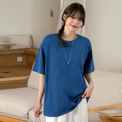 韩国代购大码女装胖mm春装新品时尚纯色圆领百搭宽松短袖T恤0224