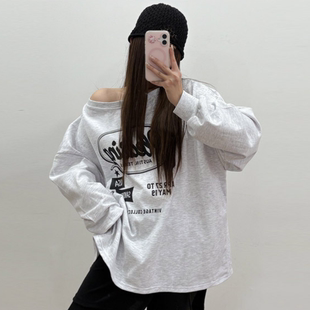 韩国代购大码女装胖mm春装新品时尚字母徽标图案宽松休闲卫衣0226