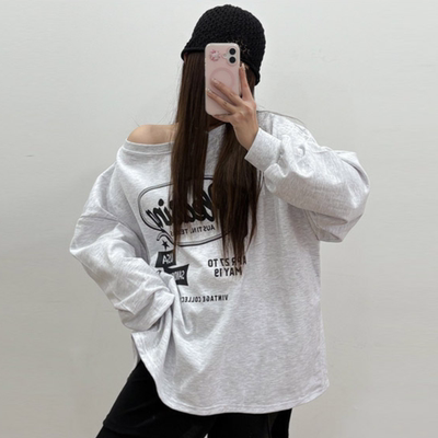 韩国代购大码女装胖mm春装新品时尚字母徽标图案宽松休闲卫衣0226