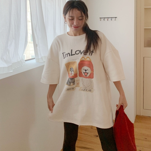 大码 可爱卡通图案圆领宽松短袖 女装 新品 T恤1221 胖mm冬装 韩国代购