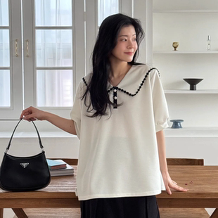 韩国代购大码女装胖mm春装新品甜美拼色边娃娃领短袖时尚衬衫0226